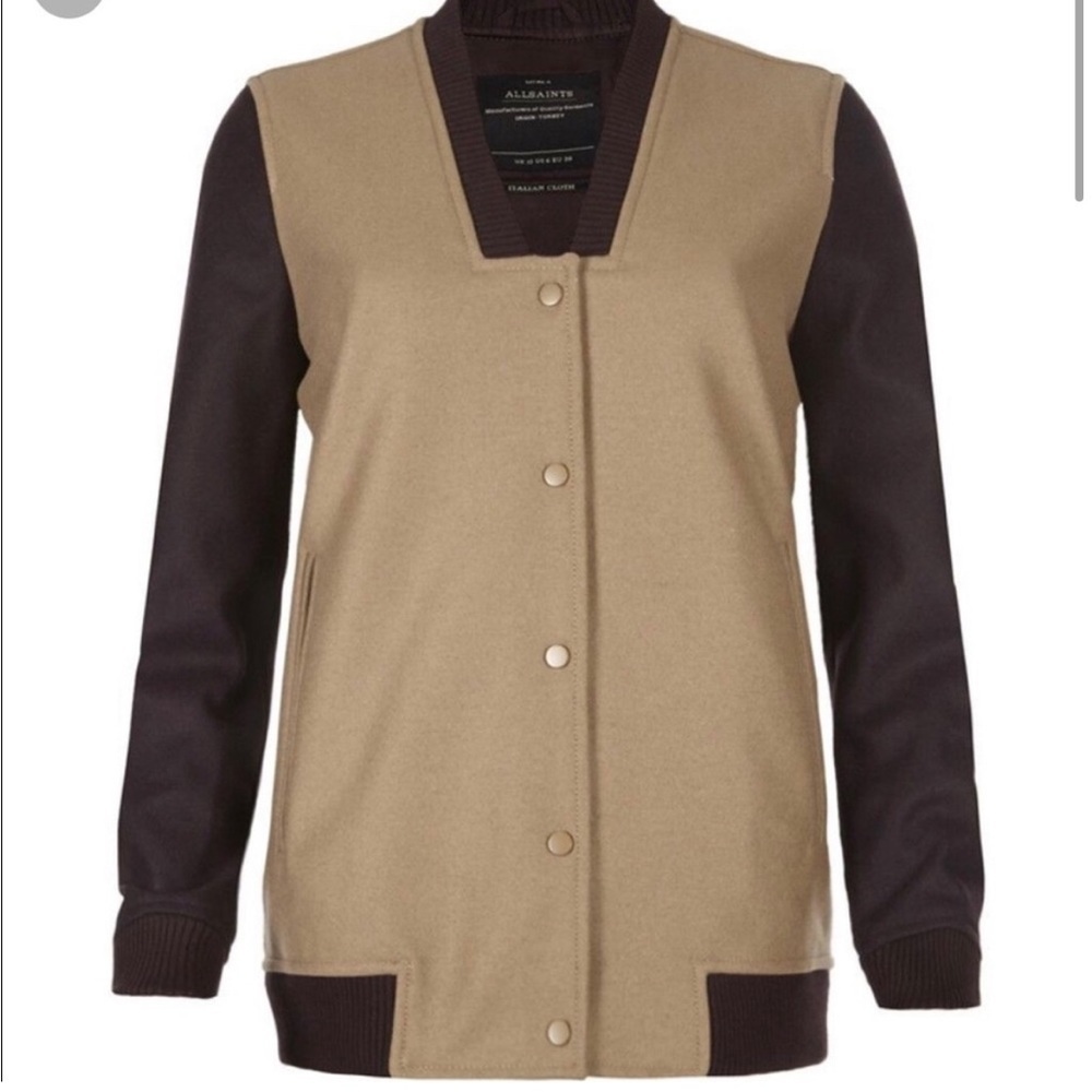 All Saints Size 8 Lucas Varsity Bomber Jacket Wool Camel Brown Snap Buttons